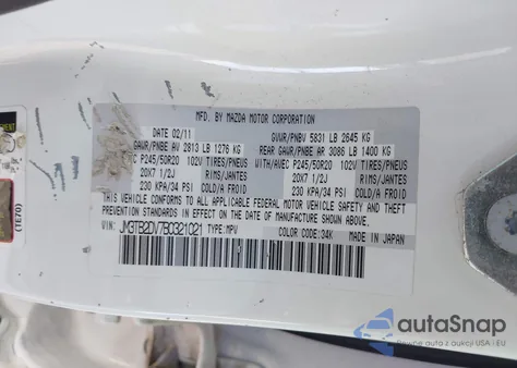 2011 Mazda Cx-9 Grand Touring z USA, uszkodzony, nr VIN JM3TB2DV7B0321021